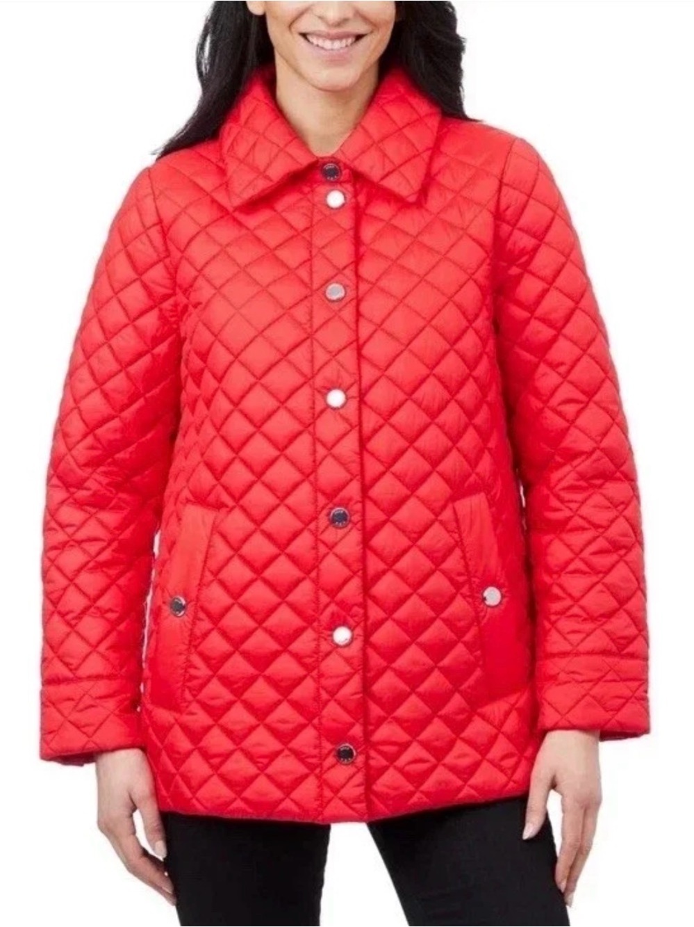 Anne Klein Red Quilted Snap-Front Puffer Jacket
